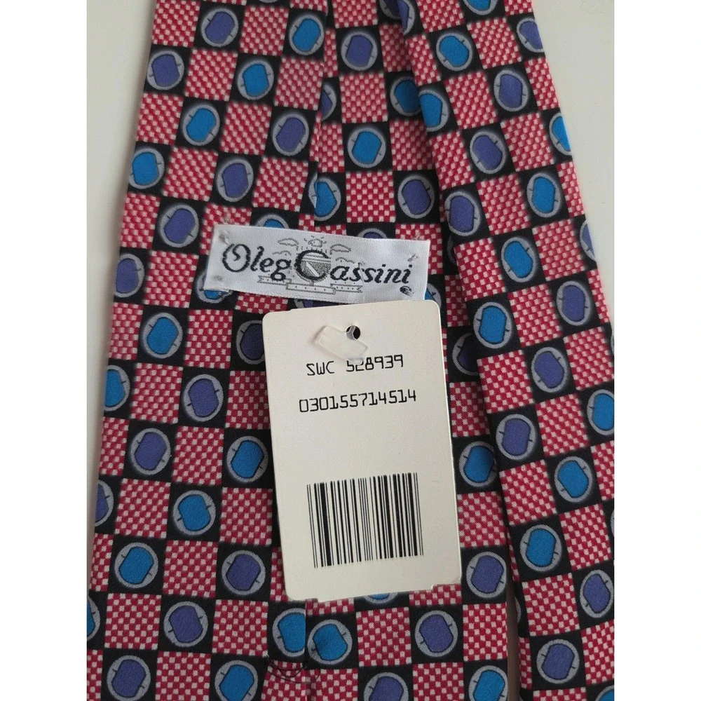 Oleg Cassini Mens Silk Tie Red Blue Geometric Checkered Handmade in Italy 57 x 4 - Picture 6 of 6